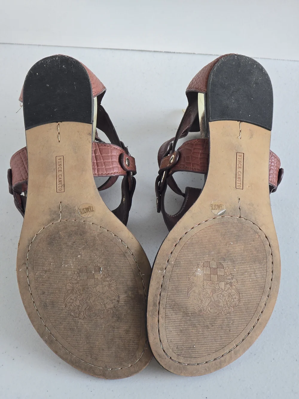 Vince Camuto | Averie Warm Brown Croc-Embossed Sandals with Gold Accents